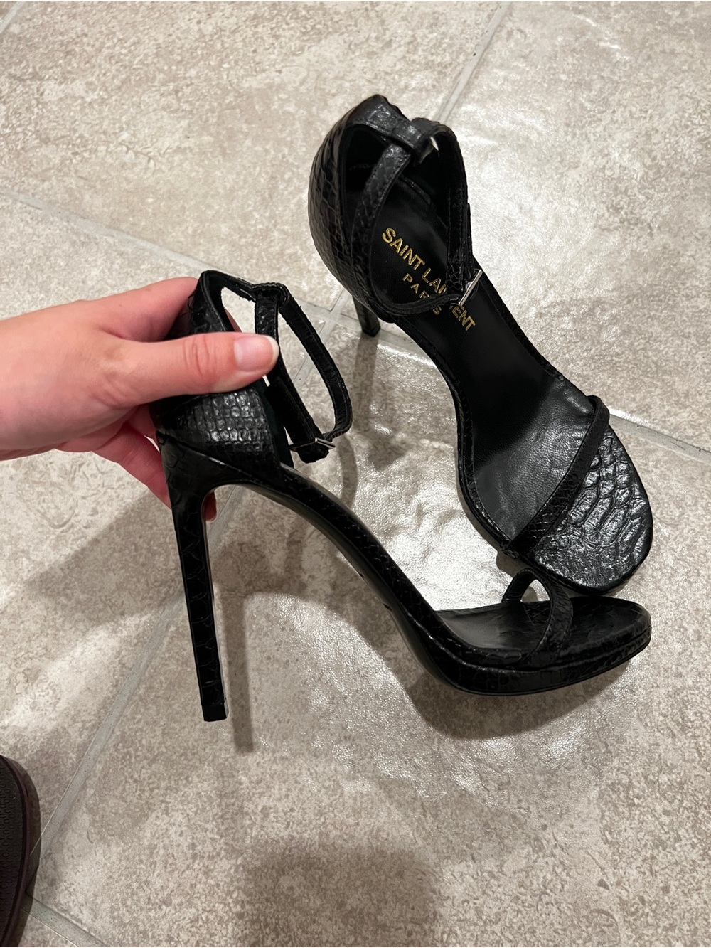 Saint Laurent Black Croc-Textured Ankle-Strap Stilettos - Picture 2 of 4
